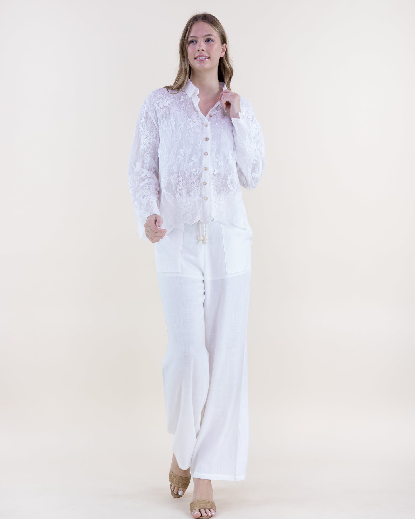 Queen of Lace Cotton Scalloped Hem Button Up Collared Shirt