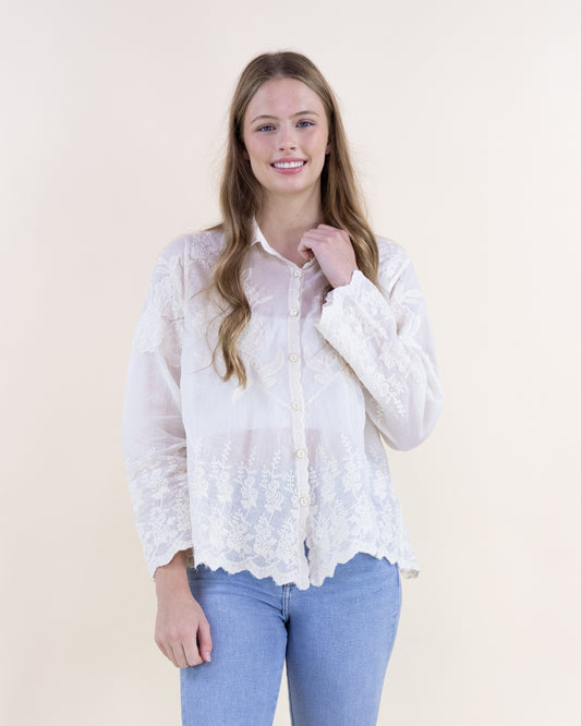 Wild Flower Lacy Cotton Scalloped Hem Button Up Collared Shirt
