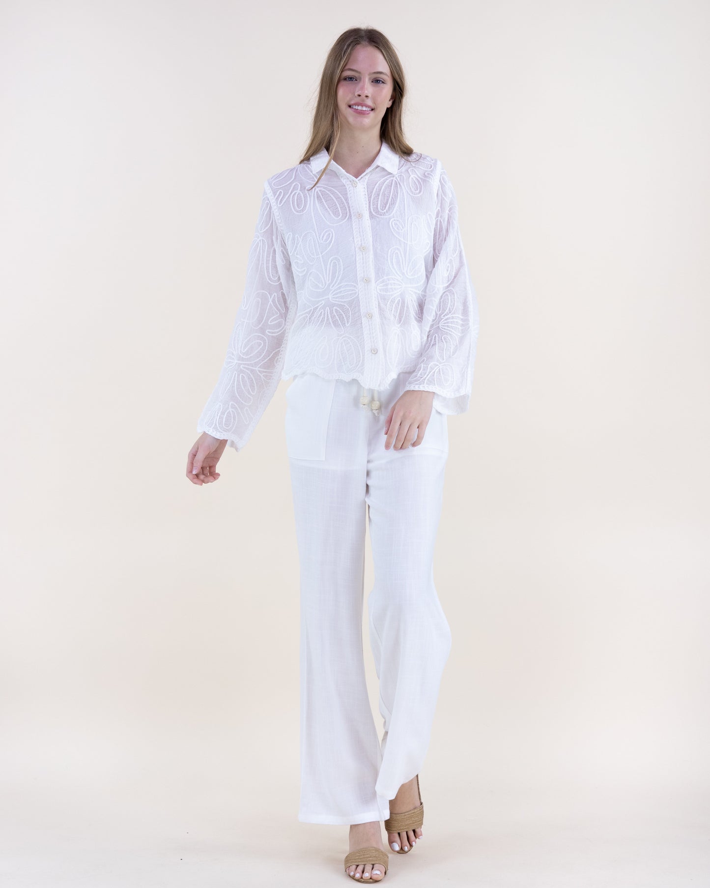 Floral Outline Scalloped Hem Sheer Cotton Button Up Shirt
