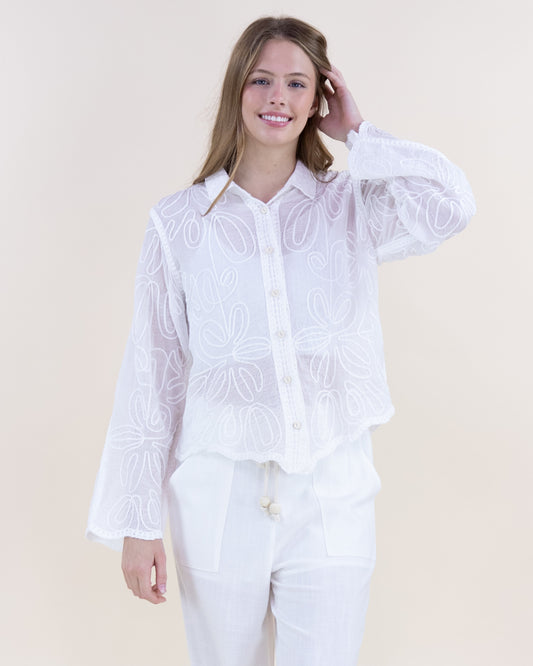 Floral Outline Scalloped Hem Sheer Cotton Button Up Shirt