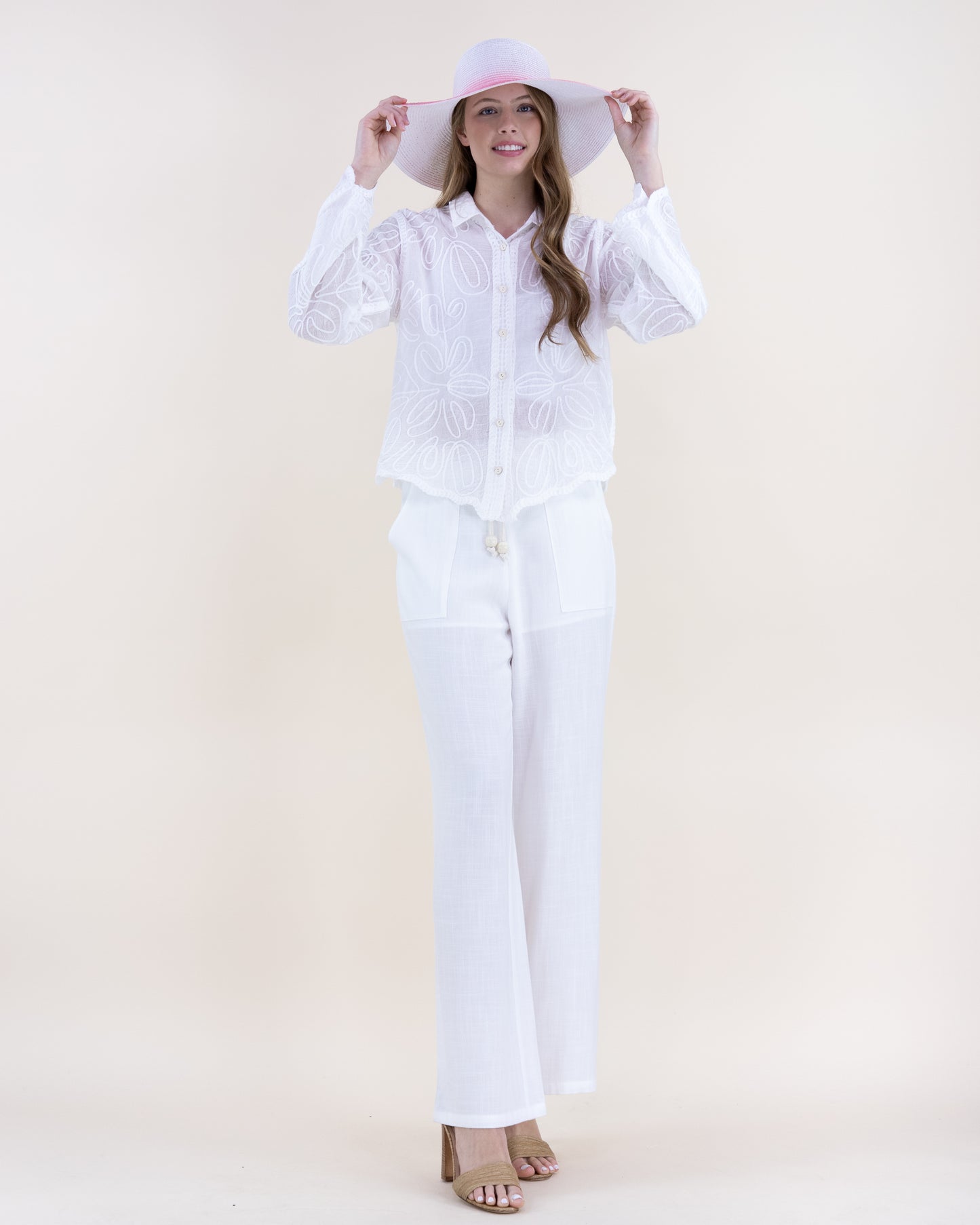 Floral Outline Scalloped Hem Sheer Cotton Button Up Shirt