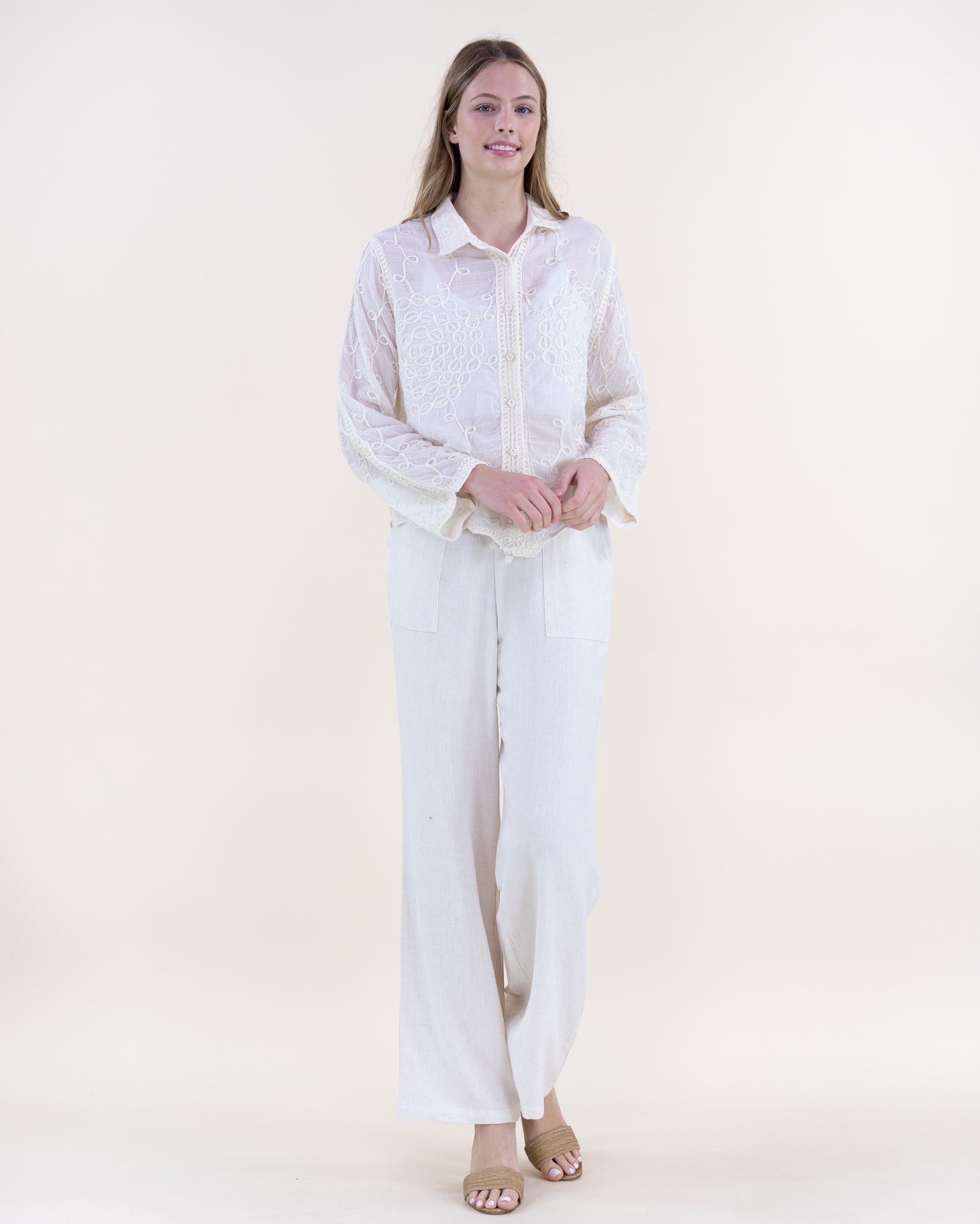 Dhalia Outline Scalloped Hem Sheer Cotton Button Up Shirt