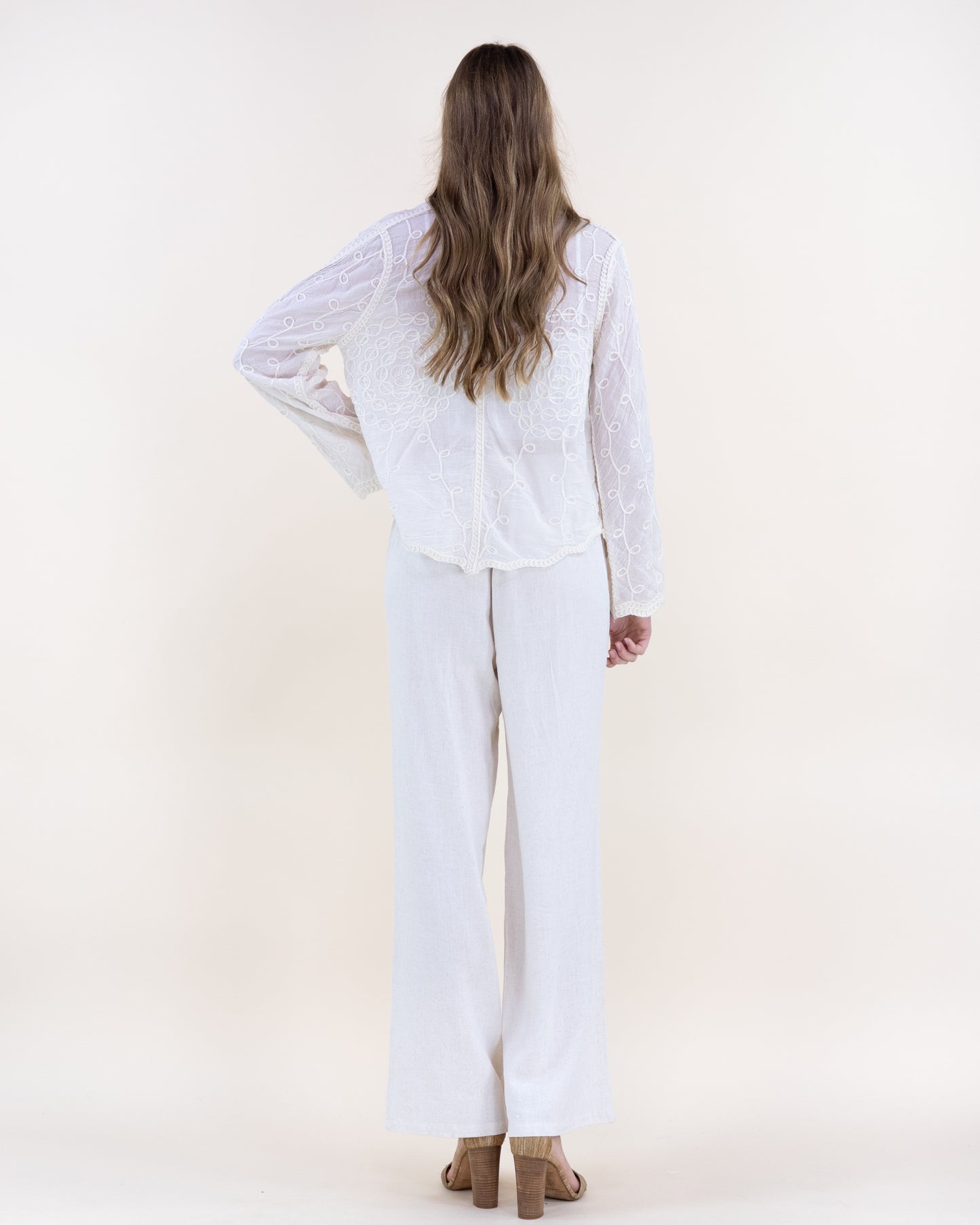 Dhalia Outline Scalloped Hem Sheer Cotton Button Up Shirt