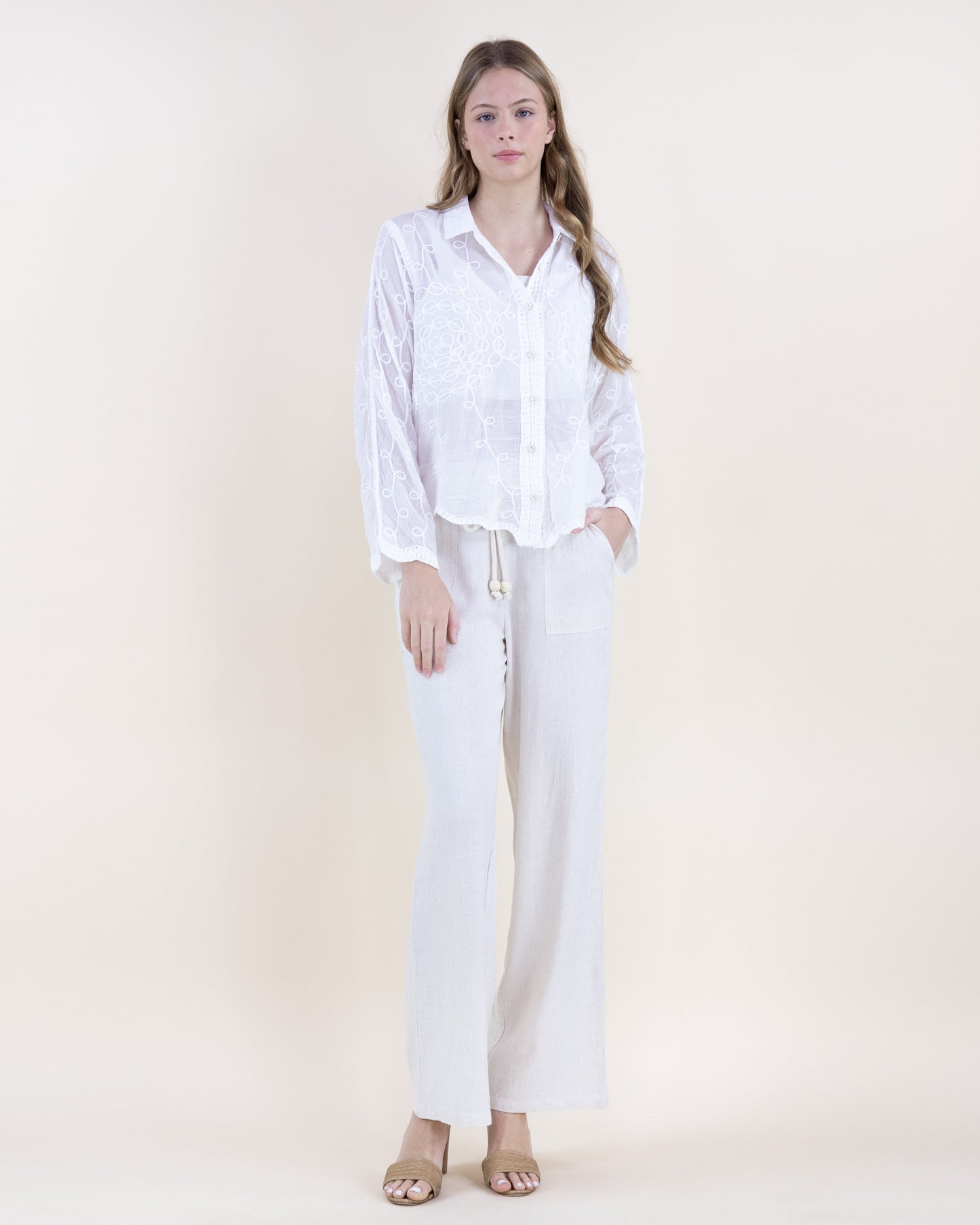 Dhalia Outline Scalloped Hem Sheer Cotton Button Up Shirt