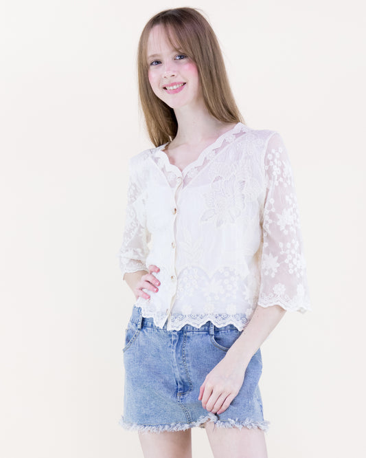 Riviera Bloom Sheer Lace Blouse