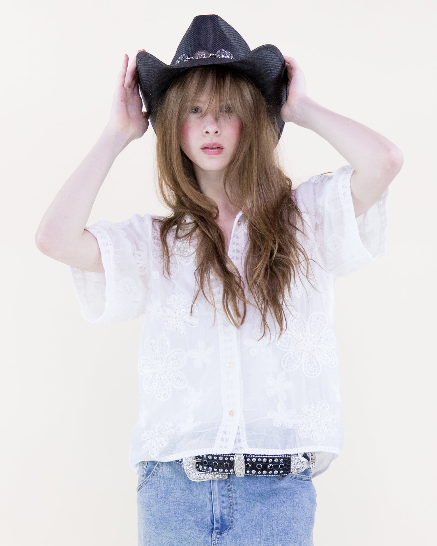 Garden Party Bead Embroidered Short Sleeve Shirt