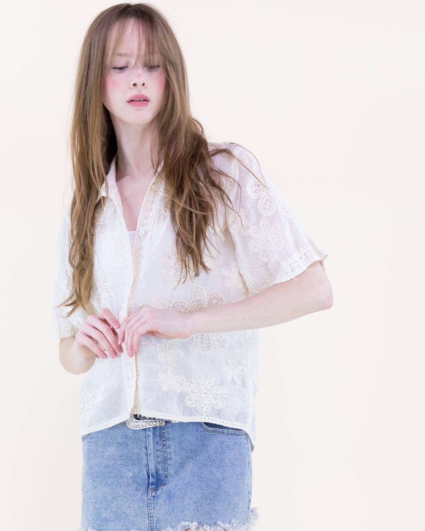 Garden Party Bead Embroidered Short Sleeve Shirt