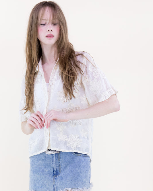 Garden Party Bead Embroidered Short Sleeve Shirt