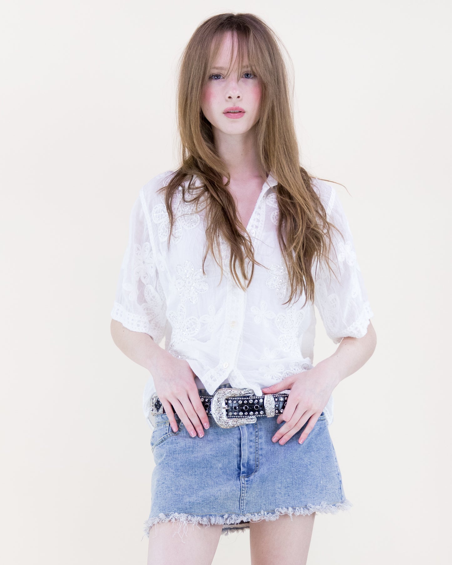 Garden Party Bead Embroidered Short Sleeve Shirt