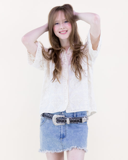 Medallion Bead Embroidered Short Sleeve Shirt
