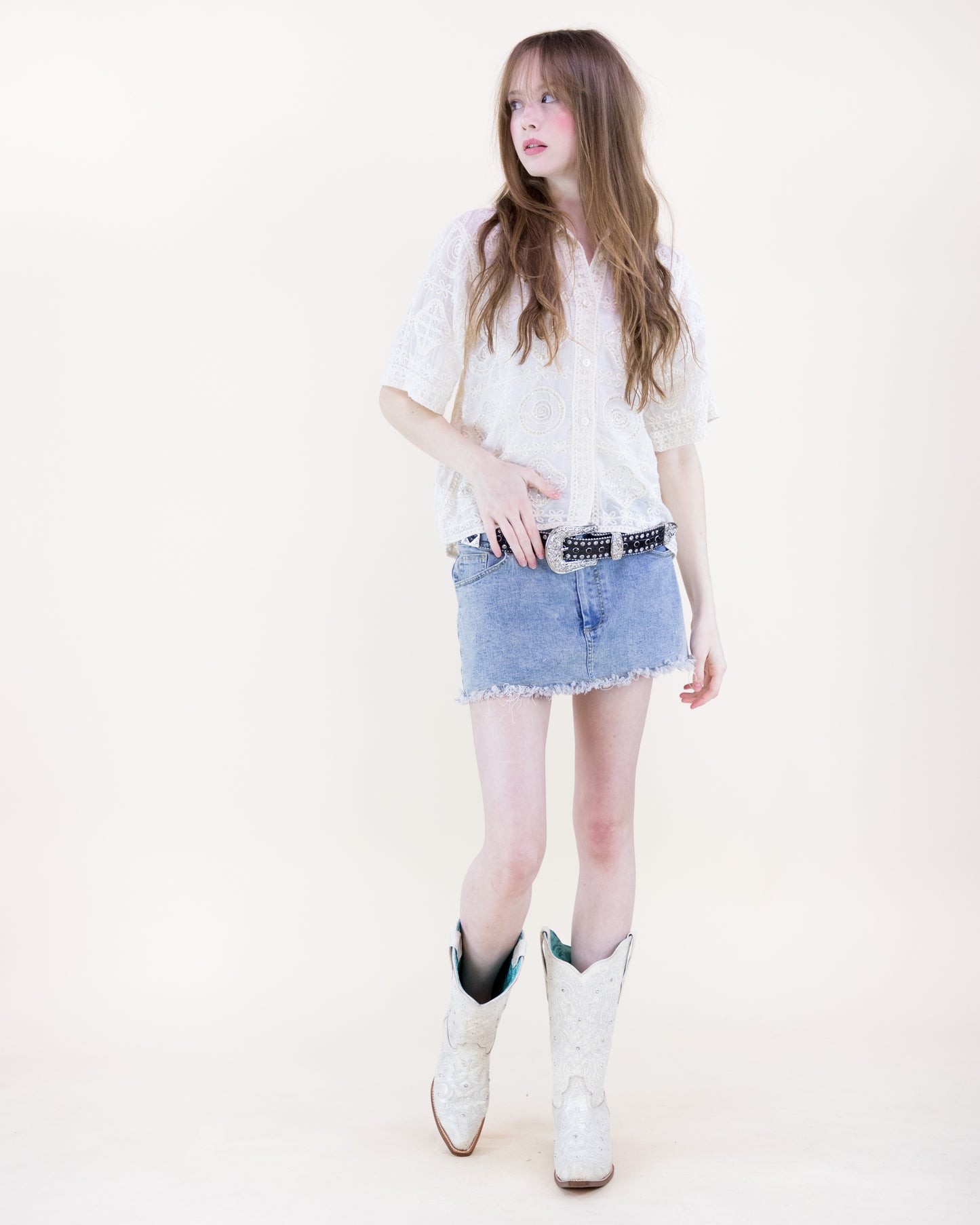 Medallion Bead Embroidered Short Sleeve Shirt