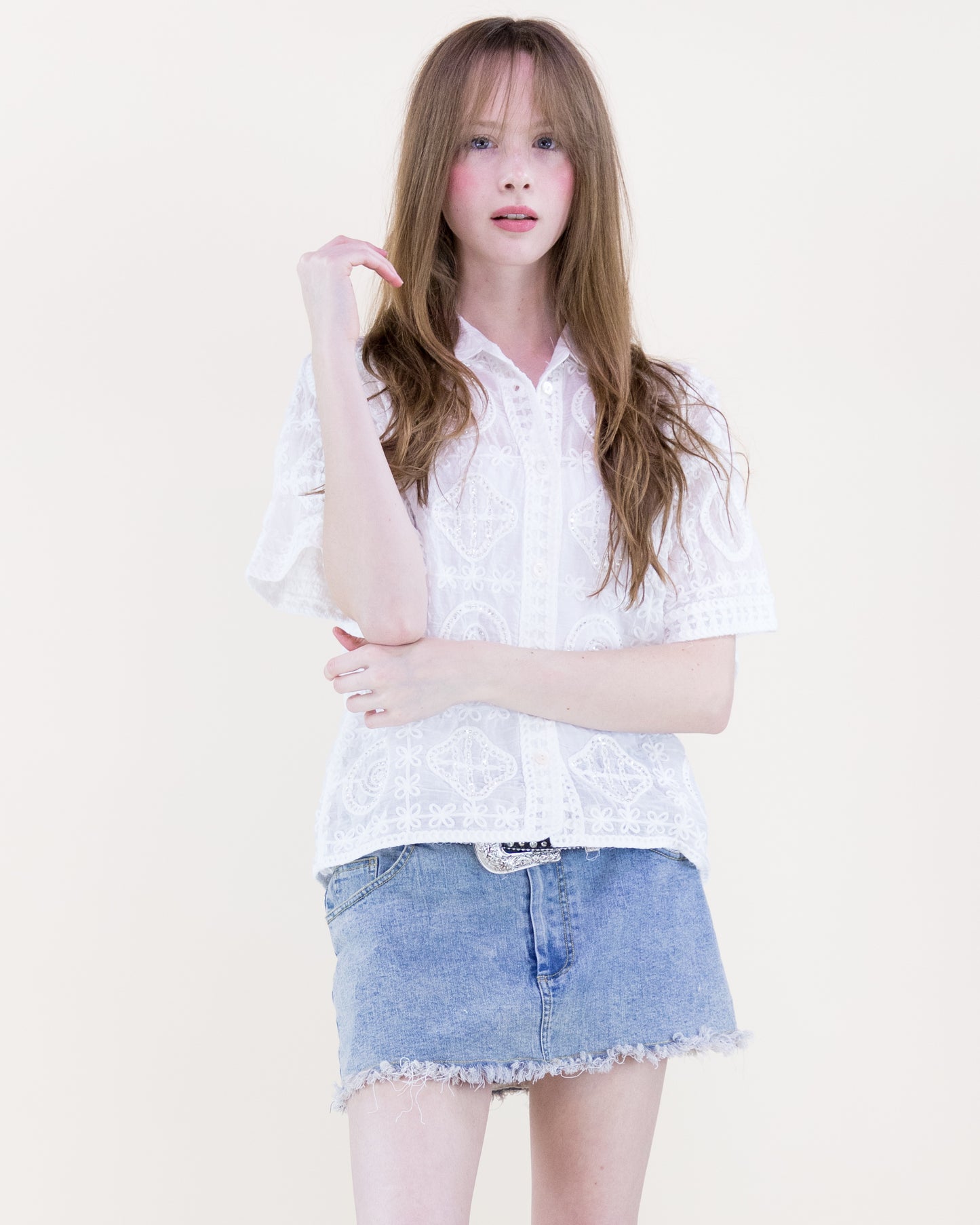 Medallion Bead Embroidered Short Sleeve Shirt