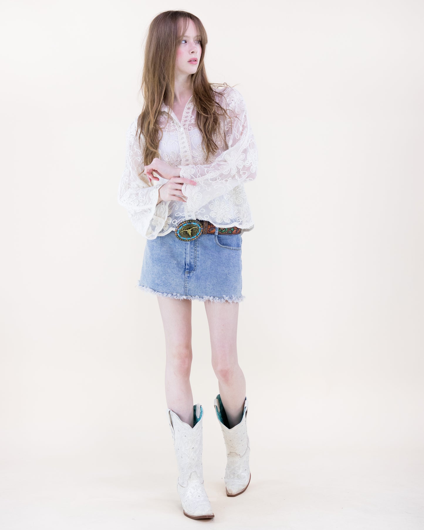 Belle Blossom Sequin Lacework Sheer Long Sleeve Shirt