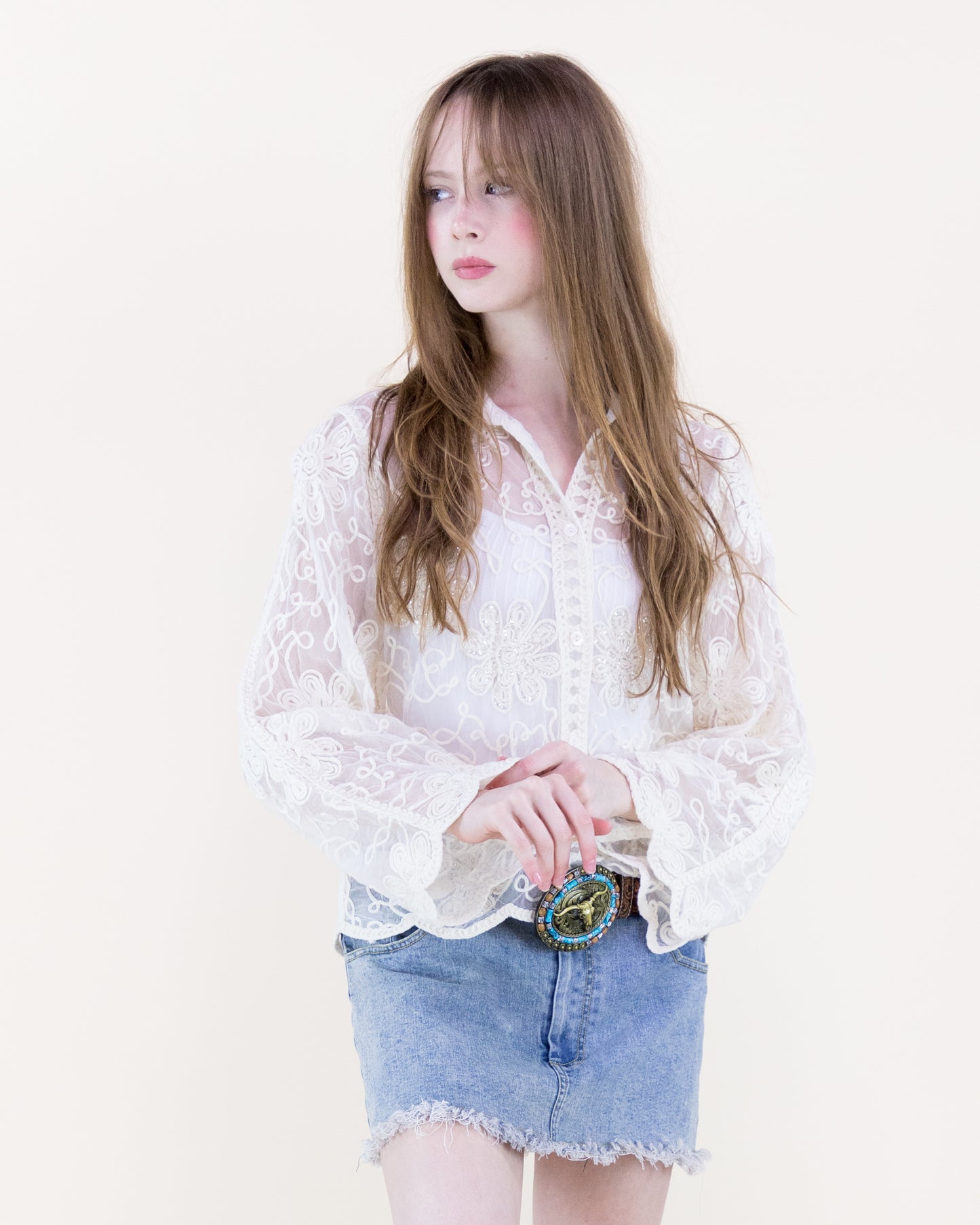 Belle Blossom Sequin Lacework Sheer Long Sleeve Shirt