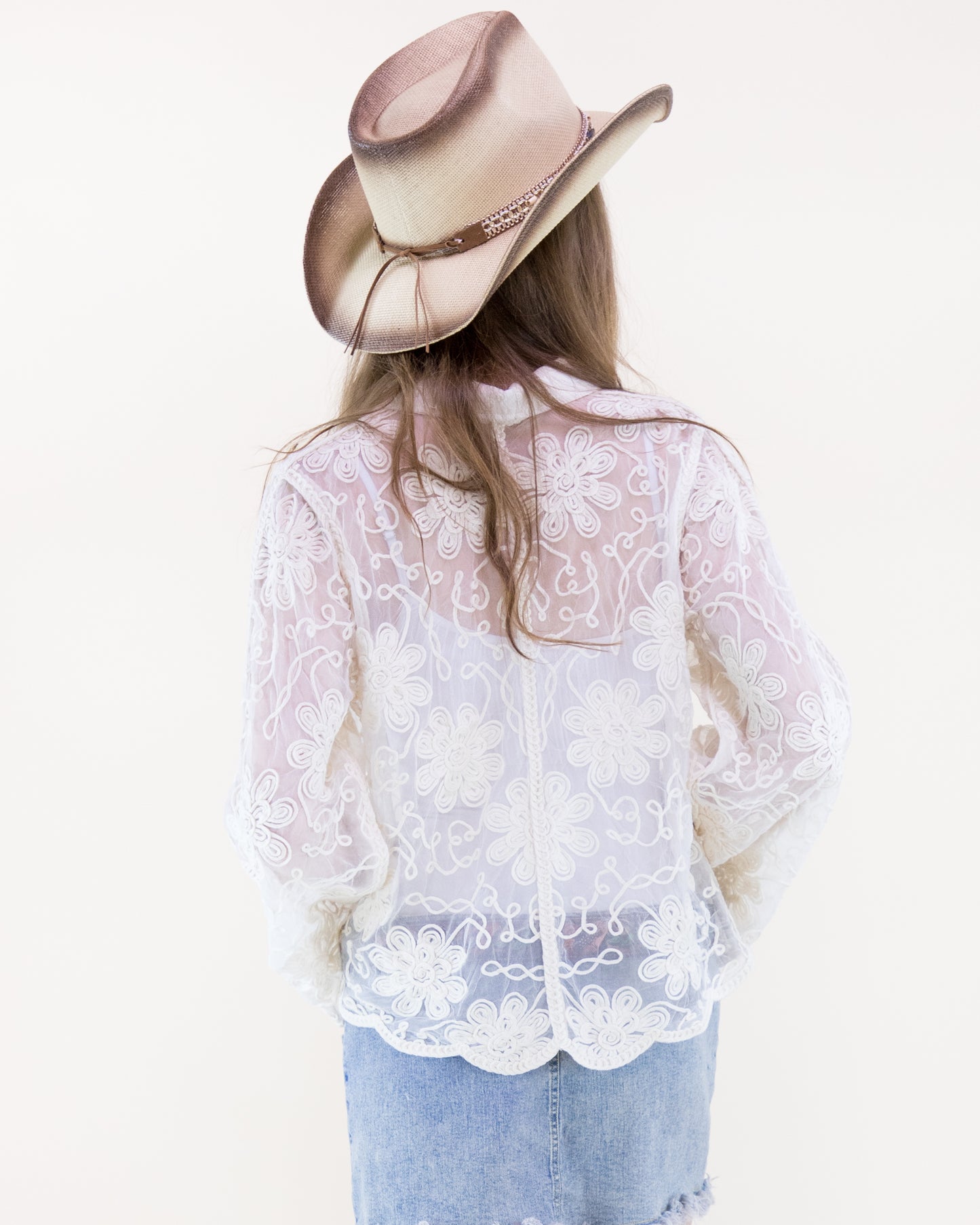 Belle Blossom Sequin Lacework Sheer Long Sleeve Shirt