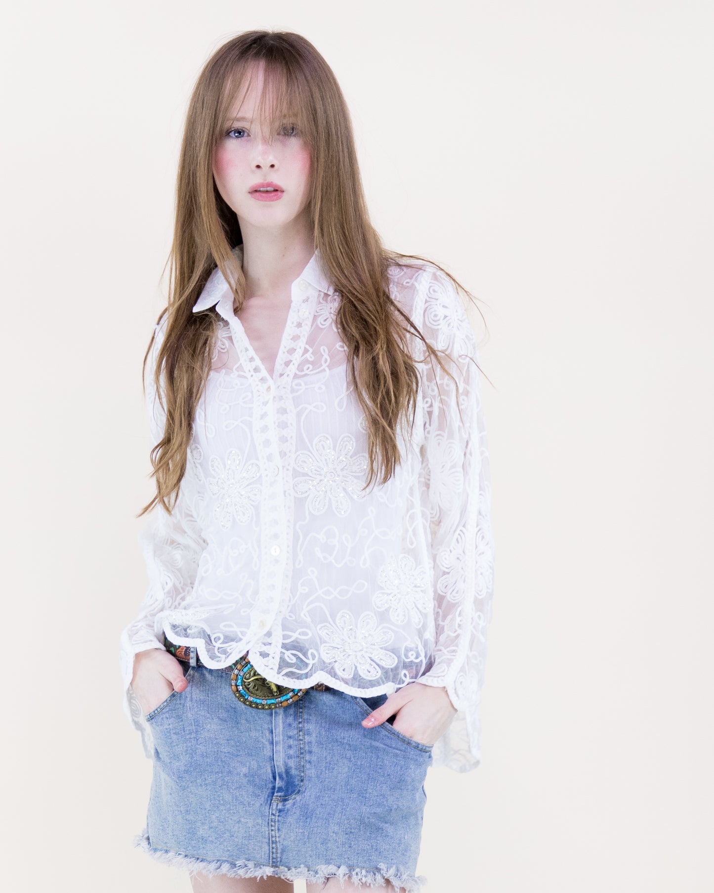 Belle Blossom Sequin Lacework Sheer Long Sleeve Shirt