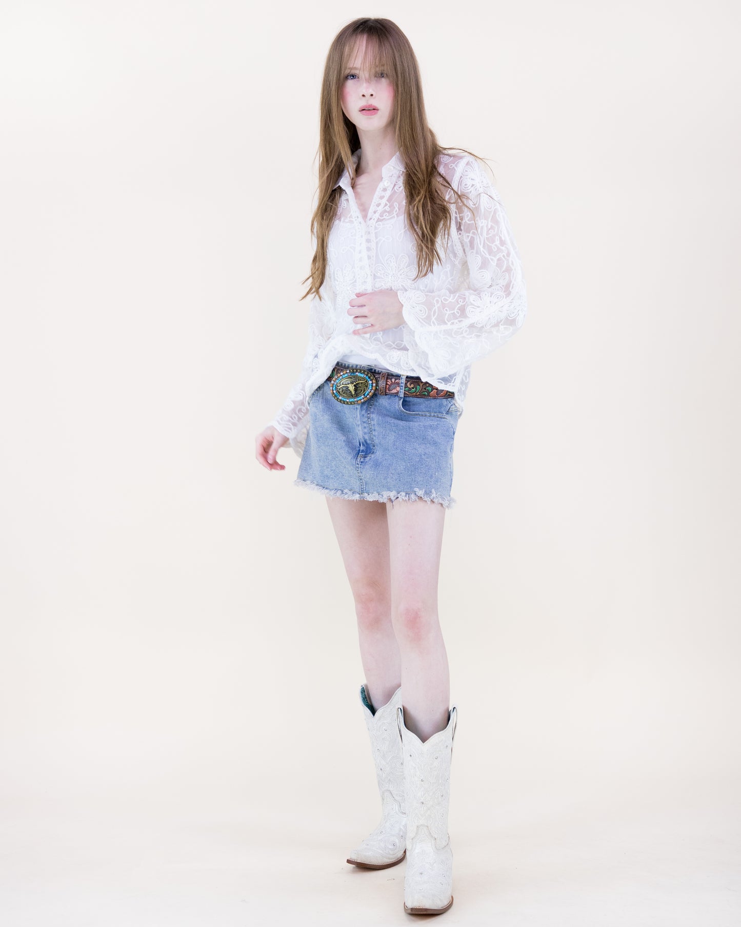Belle Blossom Sequin Lacework Sheer Long Sleeve Shirt