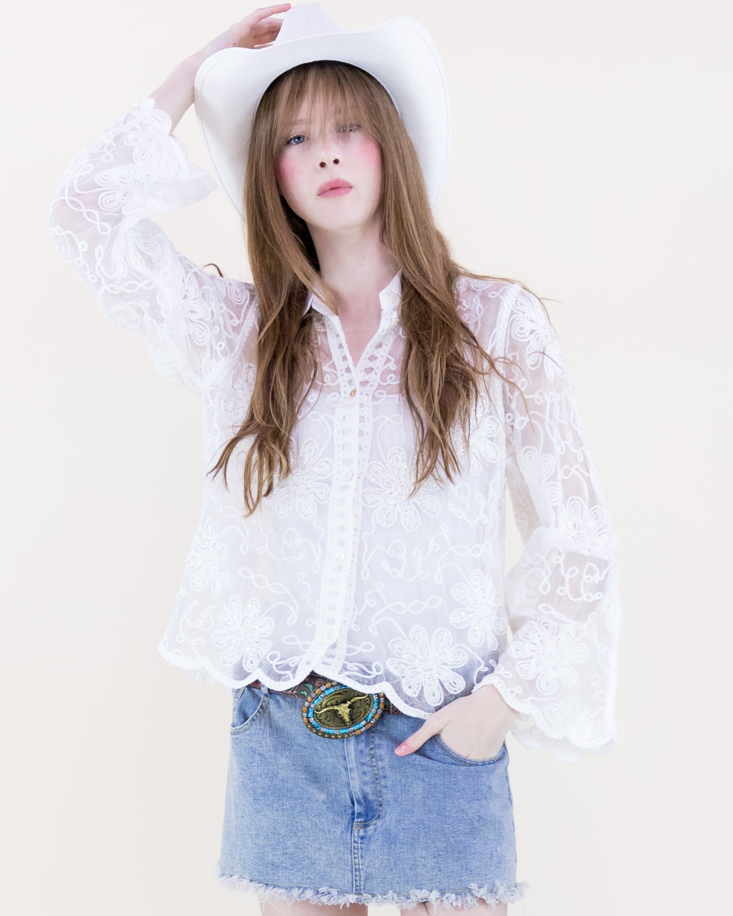Belle Blossom Sequin Lacework Sheer Long Sleeve Shirt