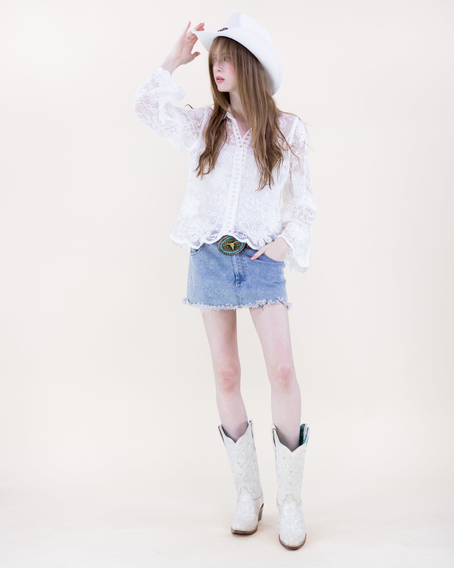 Belle Blossom Sequin Lacework Sheer Long Sleeve Shirt