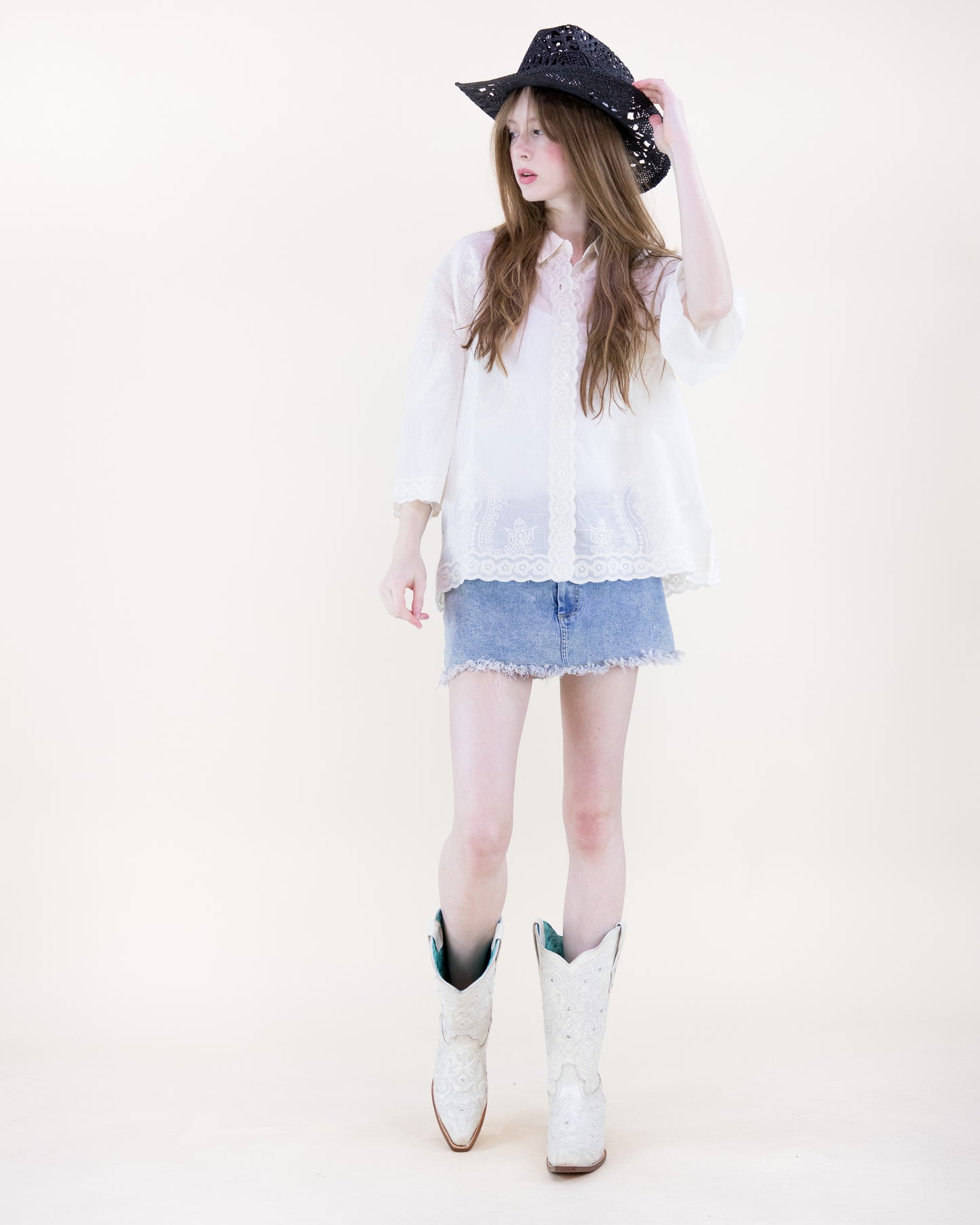 Floral Paisley Cotton Scalloped Hem Shirt