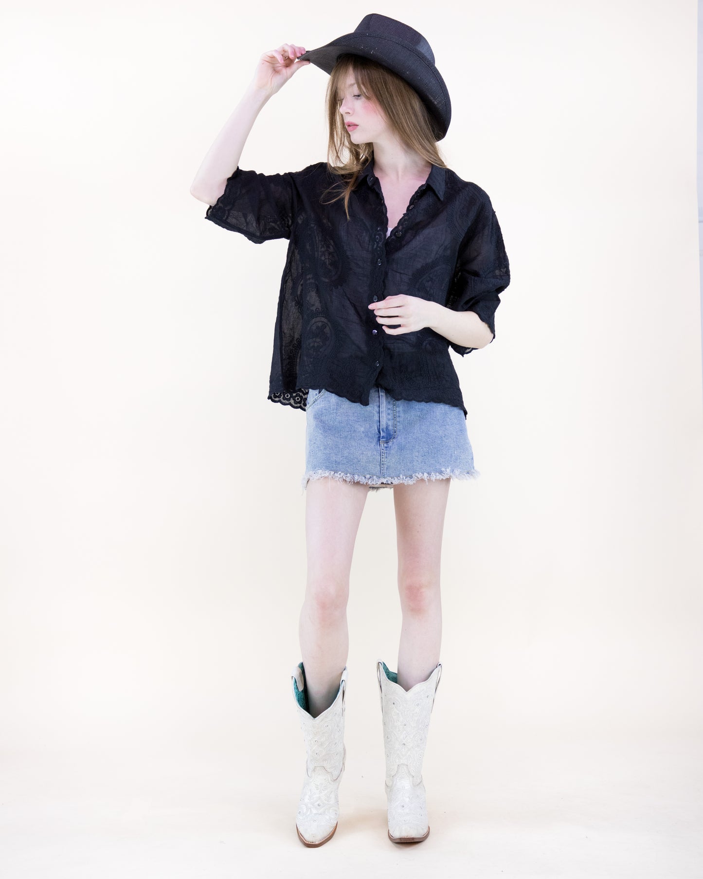 Floral Paisley Cotton Scalloped Hem Shirt