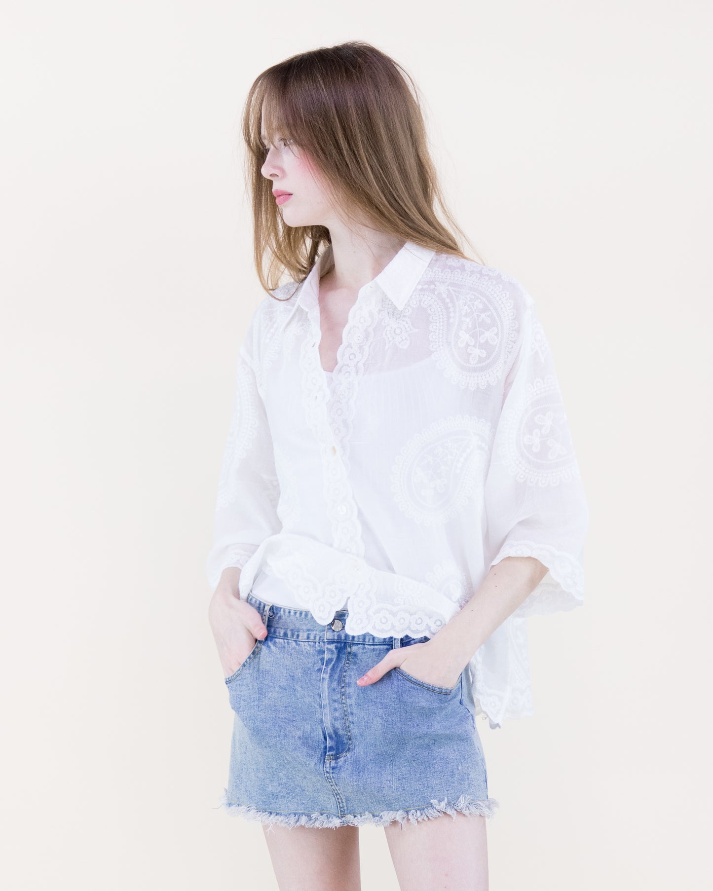 Floral Paisley Cotton Scalloped Hem Shirt