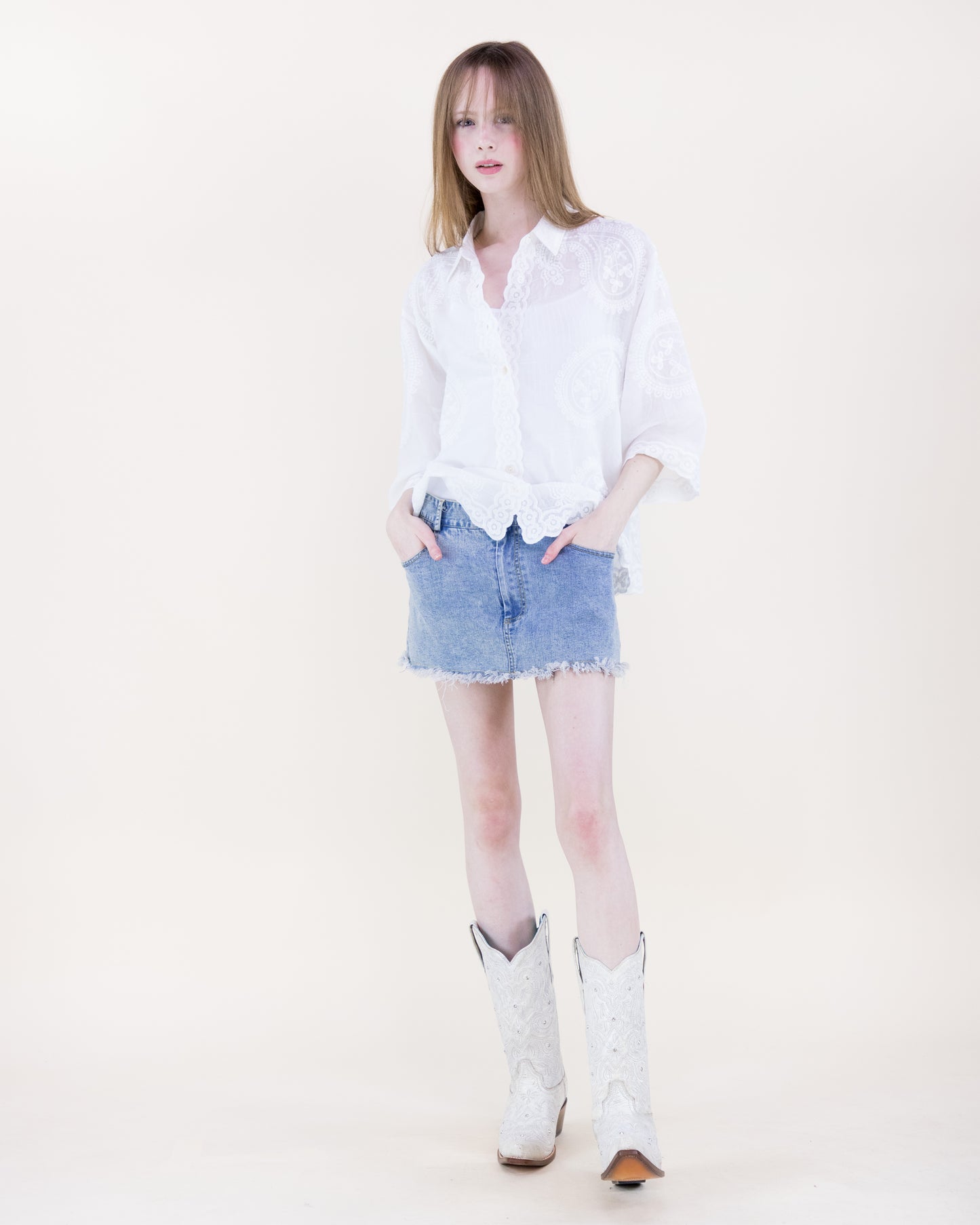 Floral Paisley Cotton Scalloped Hem Shirt