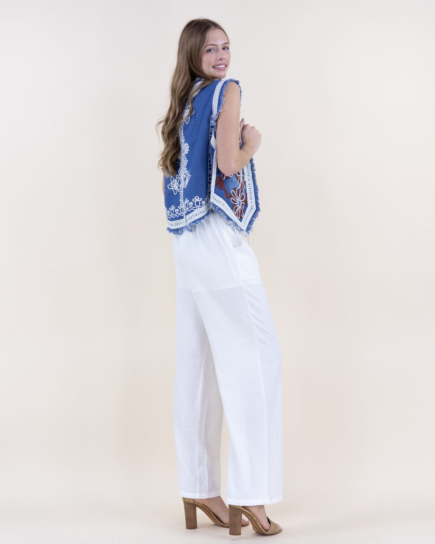 Daisy Embroidered Raw Hem Denim Vest