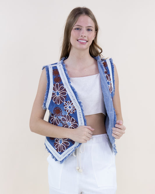 Daisy Embroidered Raw Hem Denim Vest