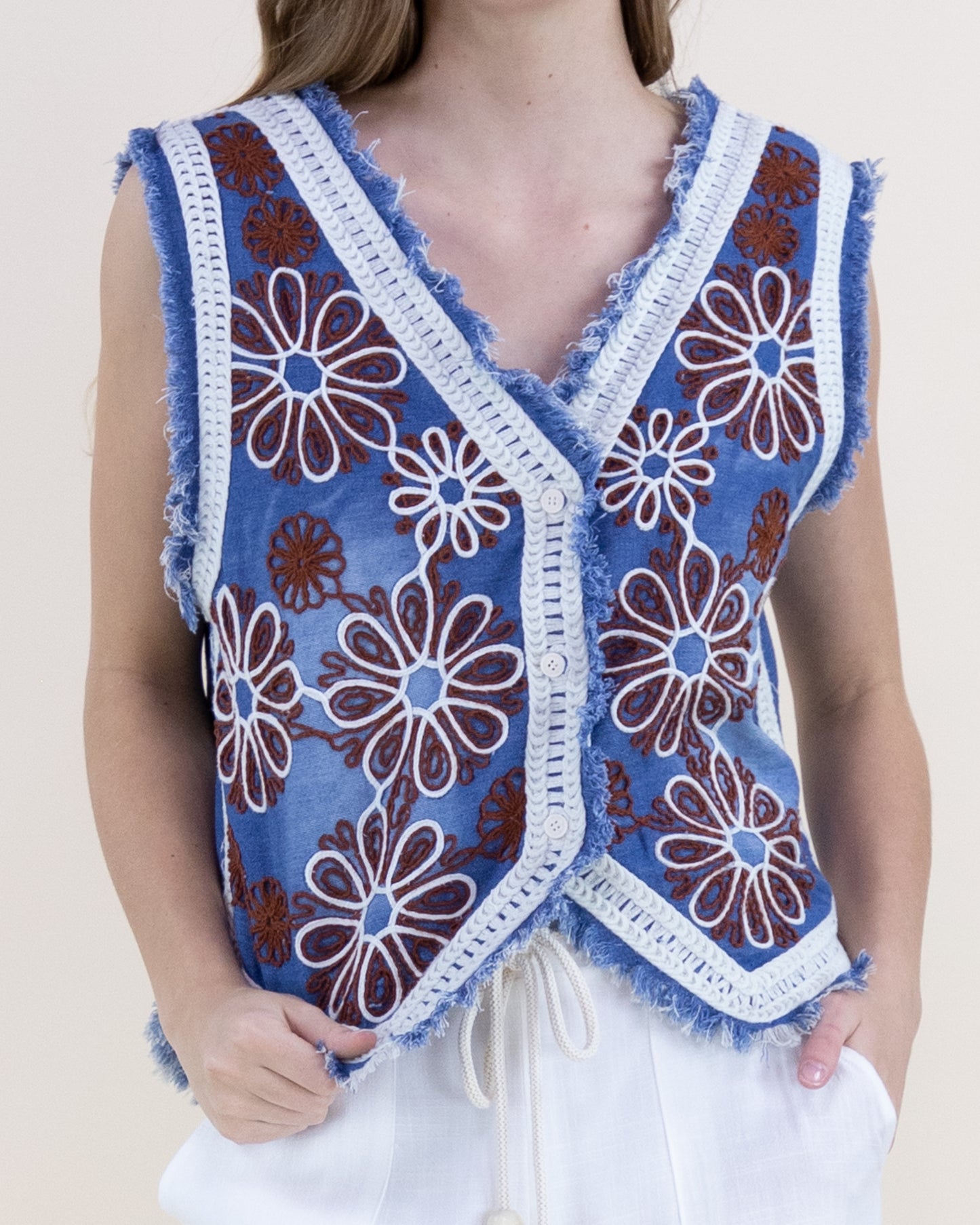 Daisy Embroidered Raw Hem Denim Vest