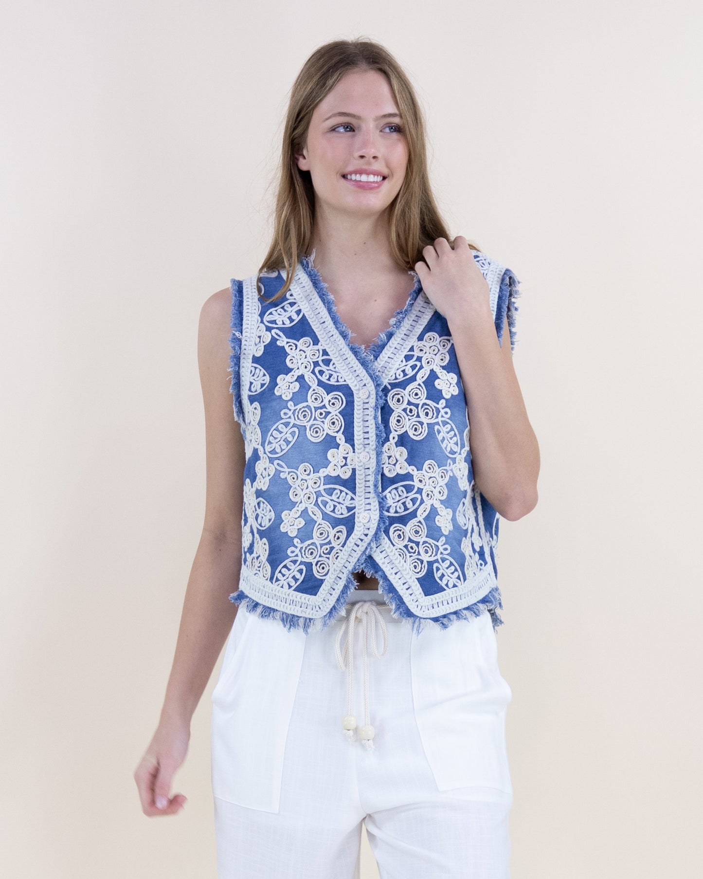 Garden Embroidered Raw Hem Denim Vest