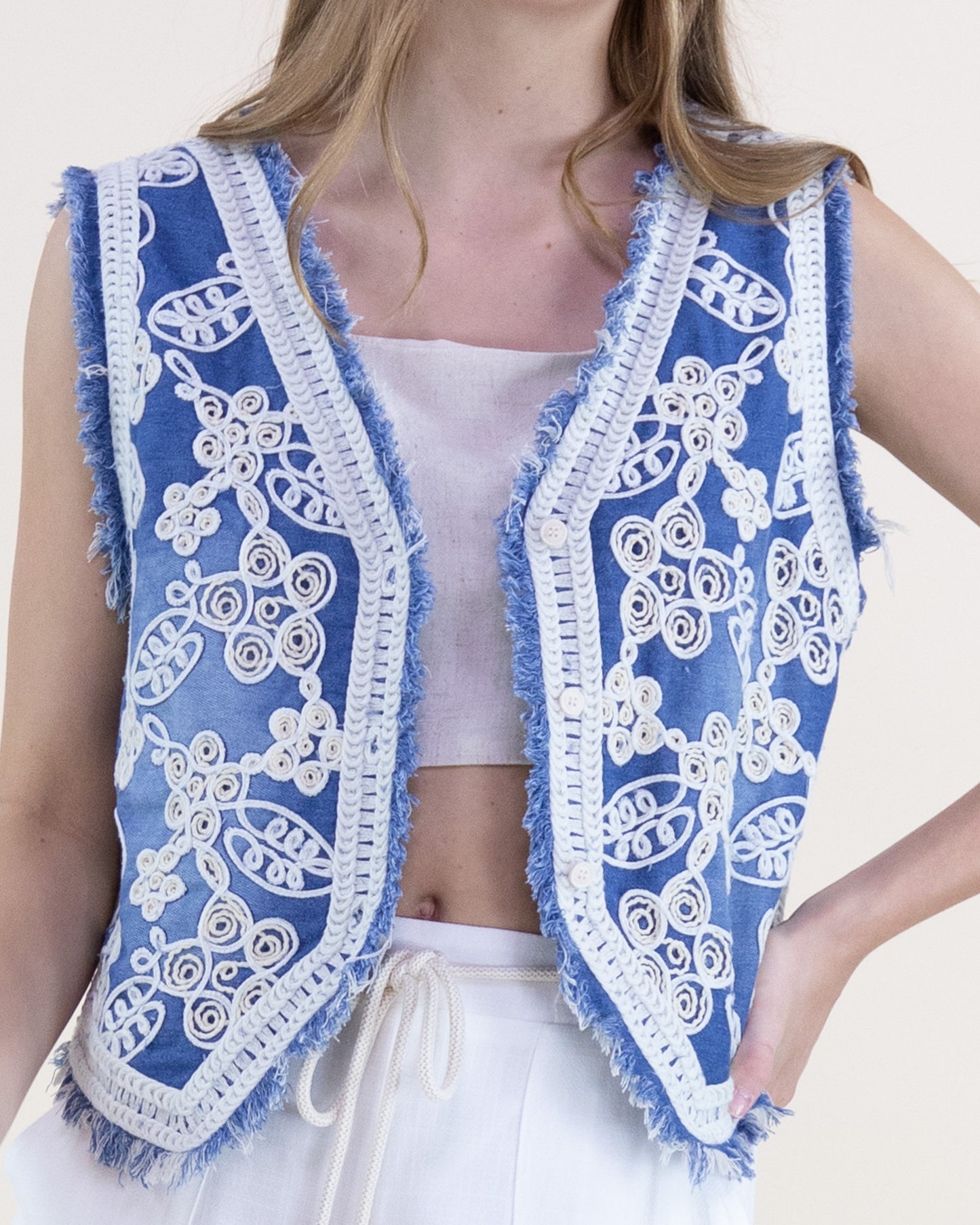 Garden Embroidered Raw Hem Denim Vest