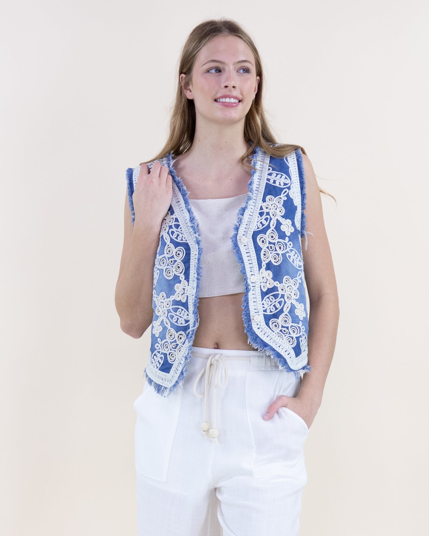 Garden Embroidered Raw Hem Denim Vest