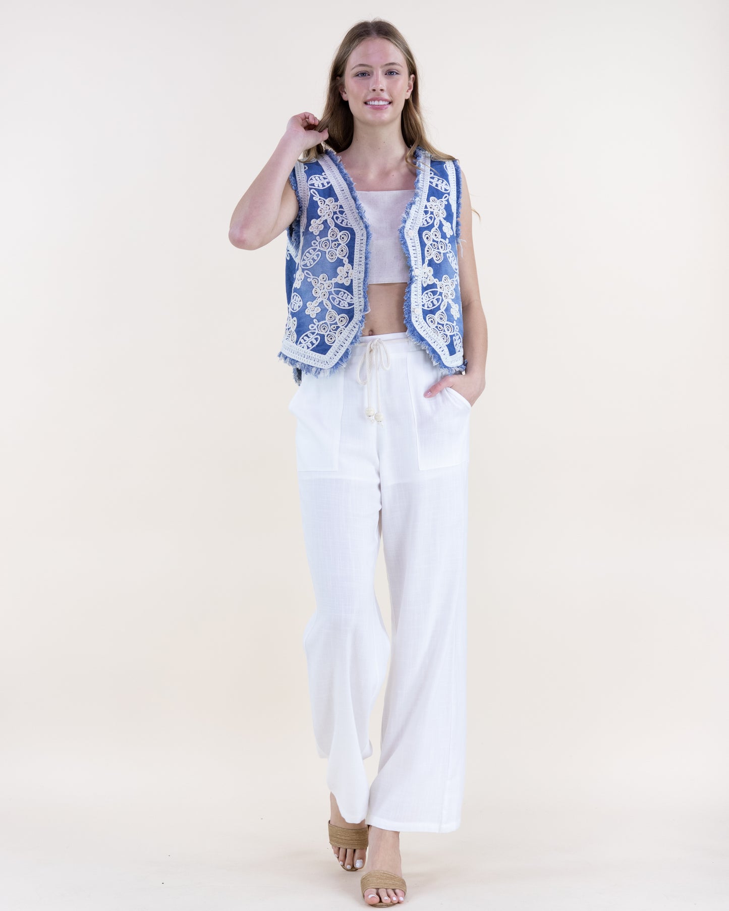 Garden Embroidered Raw Hem Denim Vest