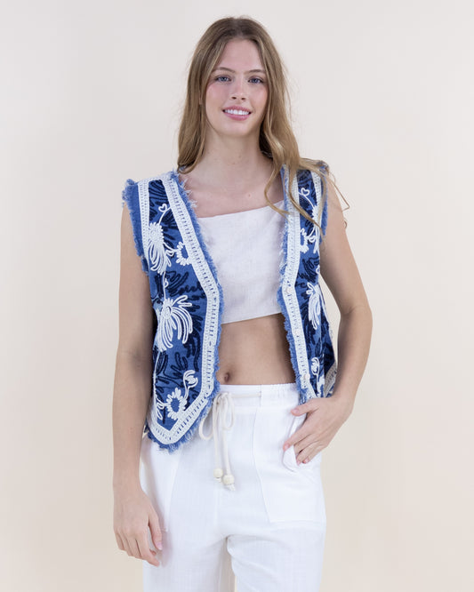 Wildflower Embroidered Raw Hem Denim Vest