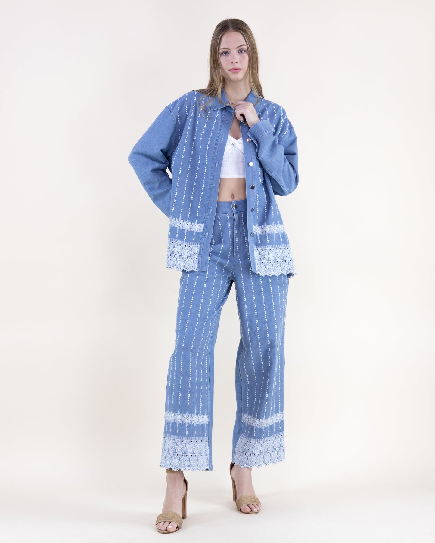 Chambray Embroidered Pinstripe Button Up Shirt