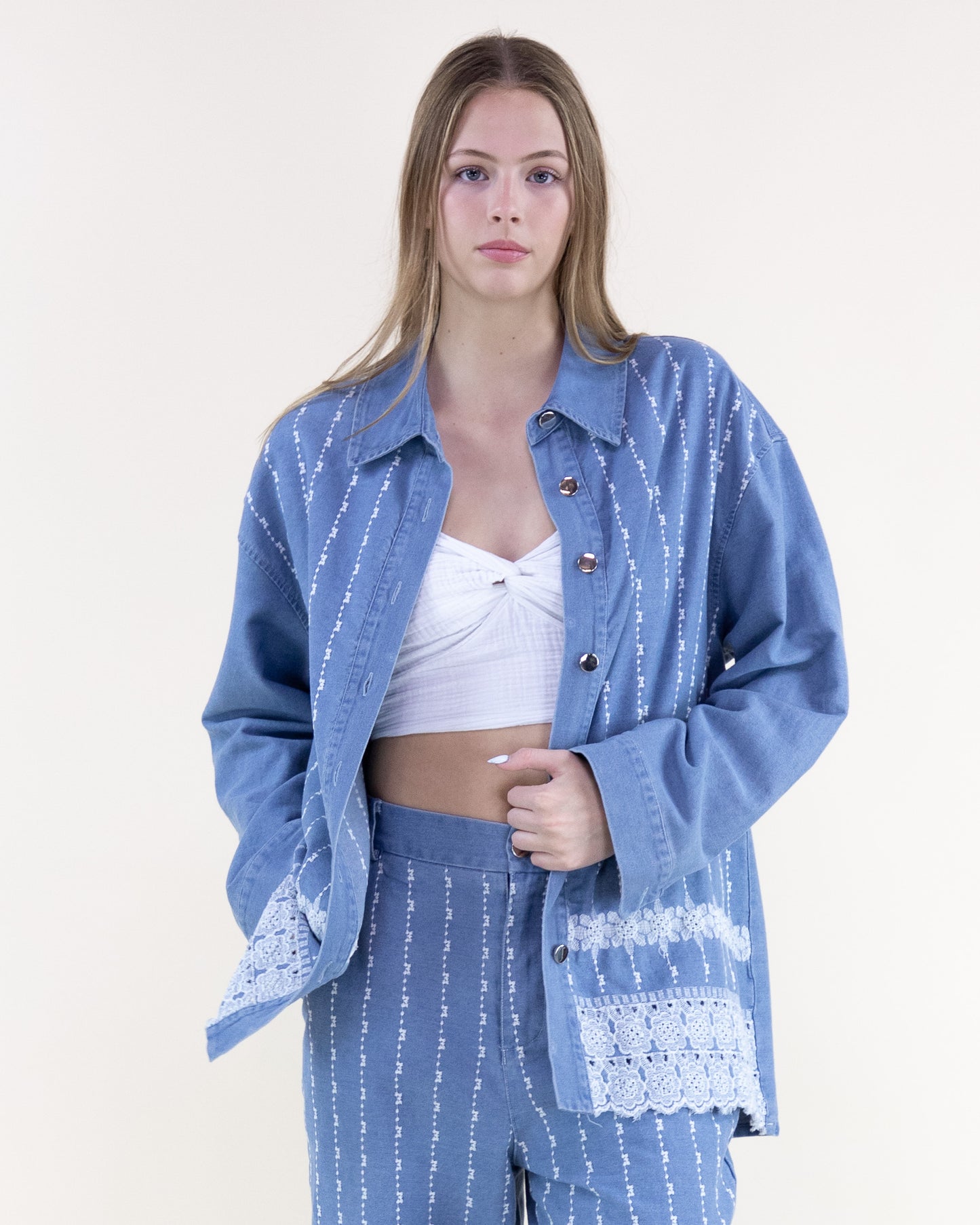 Chambray Embroidered Pinstripe Button Up Shirt