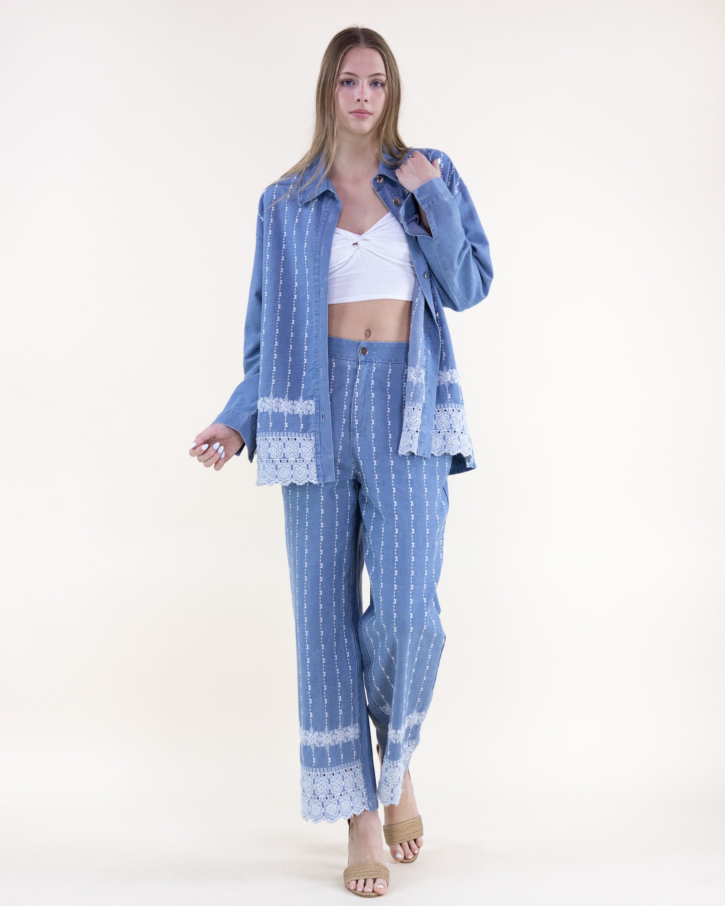Chambray Embroidered Pinstripe Button Up Shirt