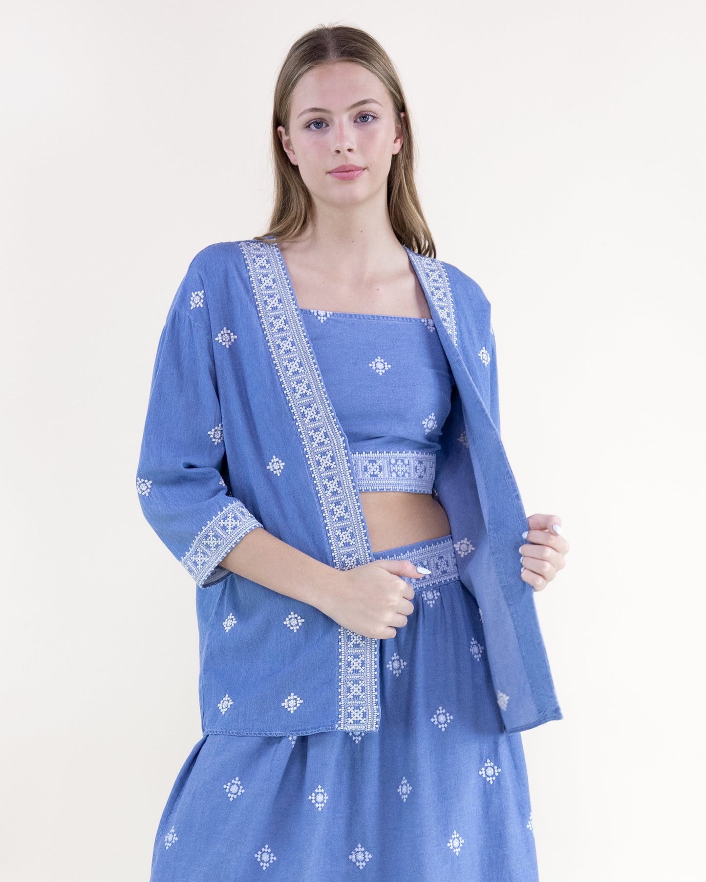 Chambray Diamond Embroidered Open Front Summer Jacket