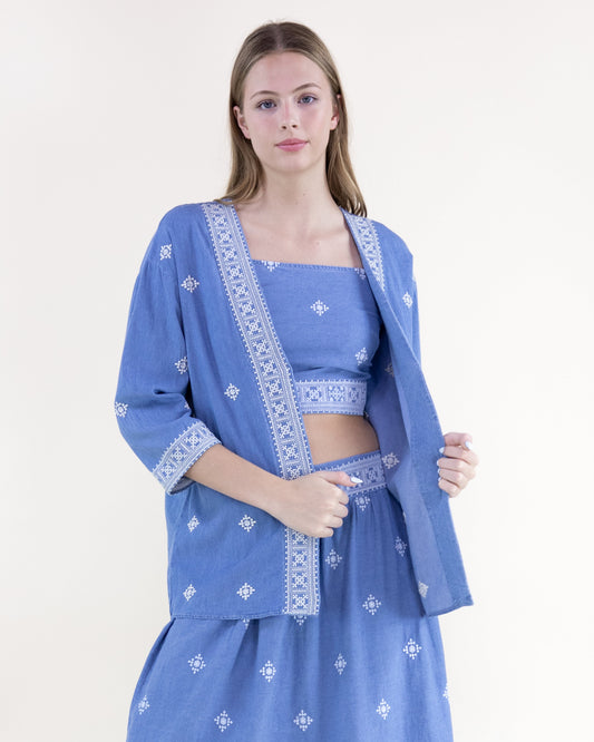 Chambray Diamond Embroidered Open Front Summer Jacket