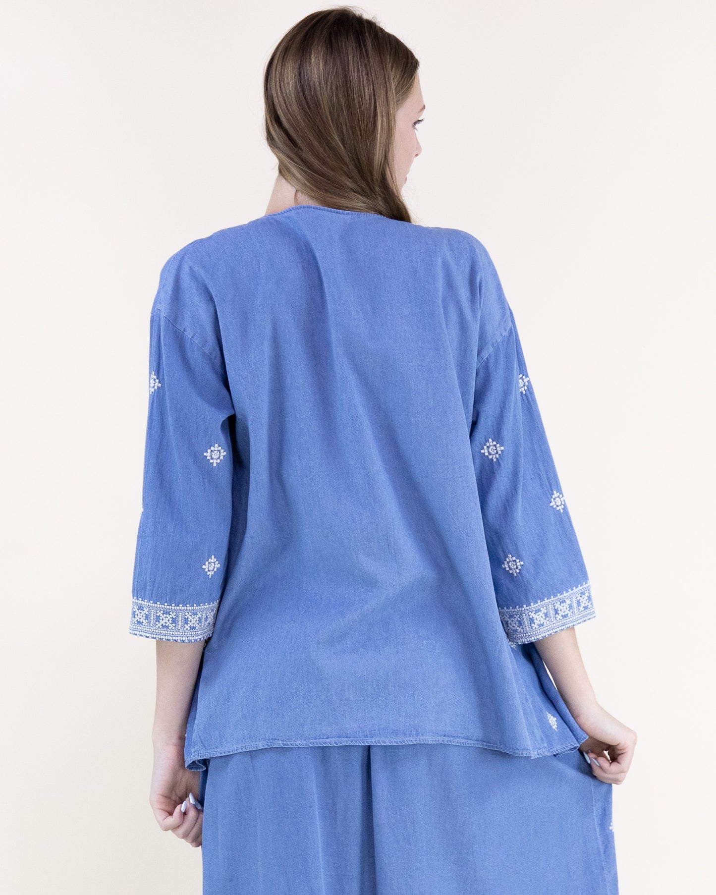 Chambray Diamond Embroidered Open Front Summer Jacket