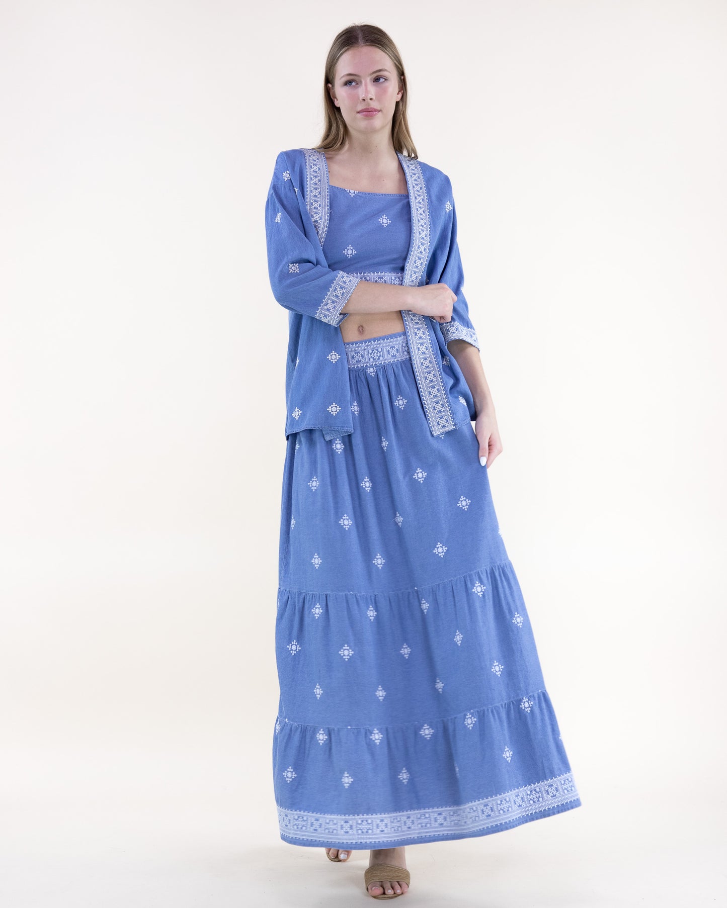 Chambray Diamond Embroidered Open Front Summer Jacket