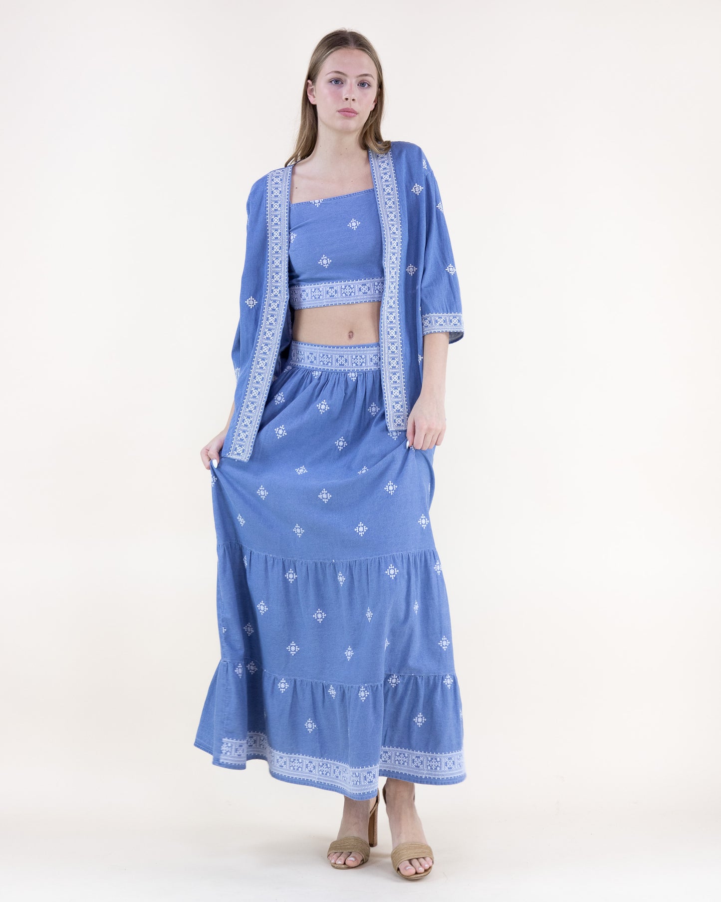 Chambray Diamond Embroidered Open Front Summer Jacket