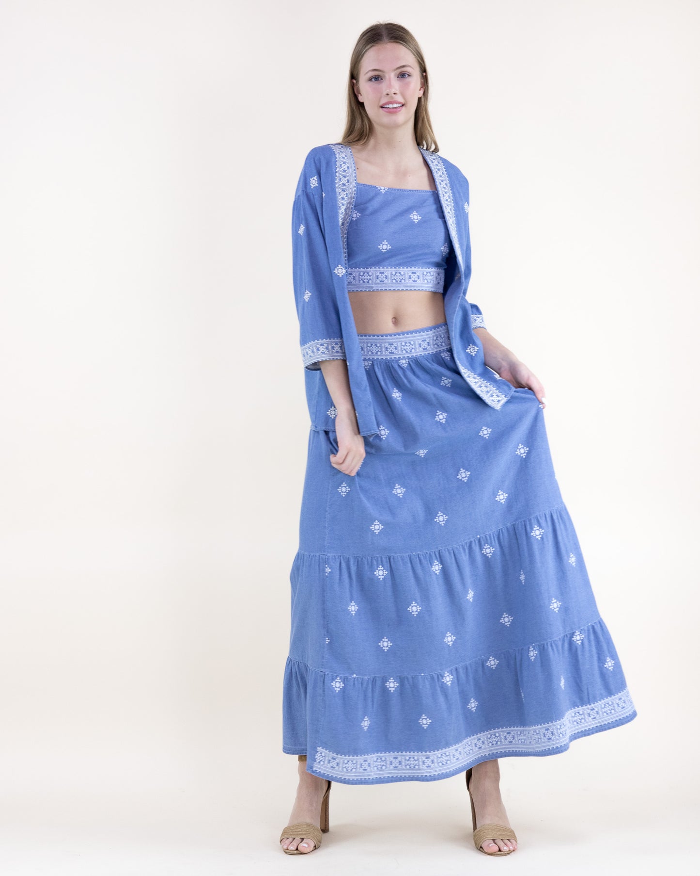 Chambray Diamond Embroidered Open Front Summer Jacket