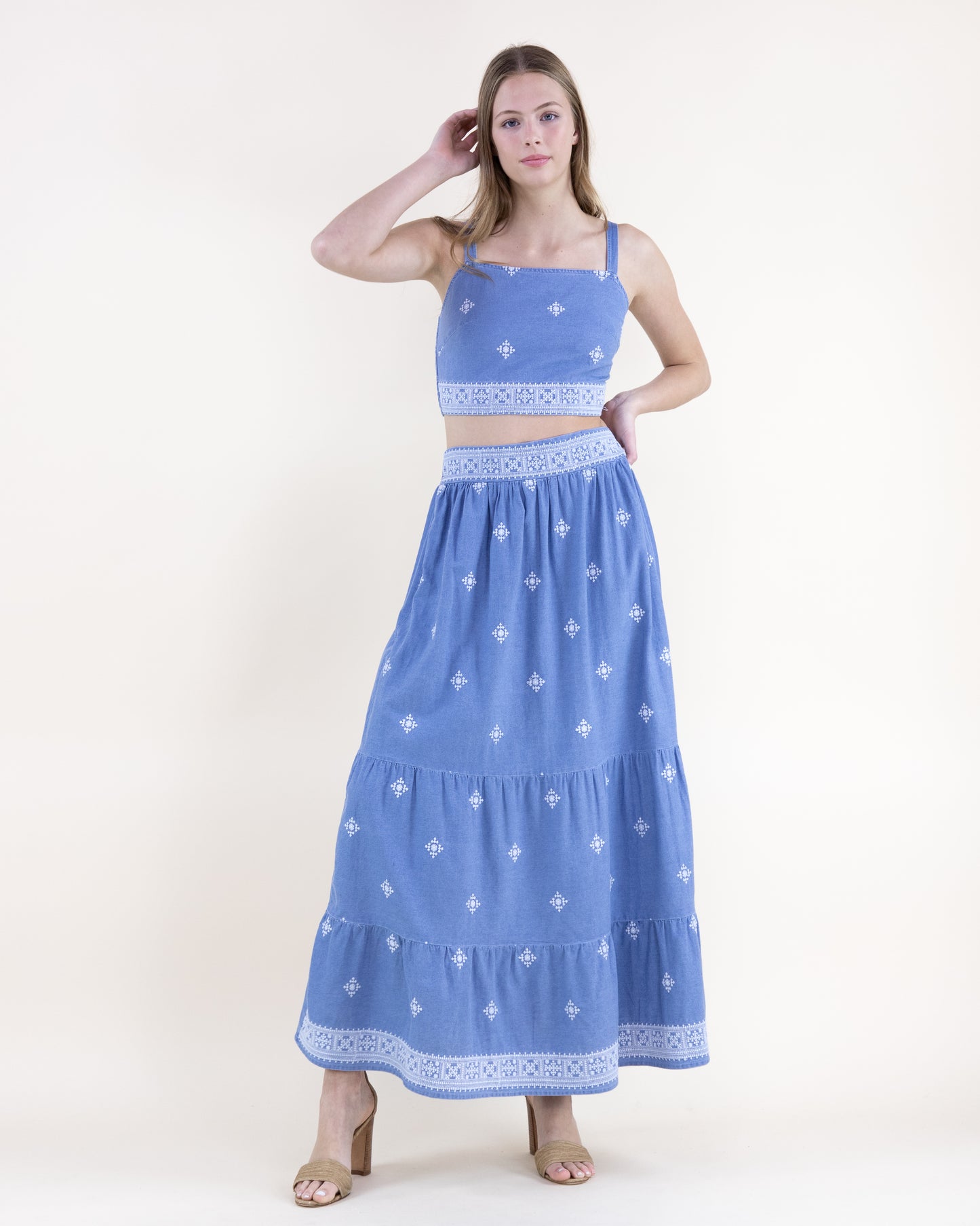 Chambray Diamond Embroidered Square Neck Crop Top