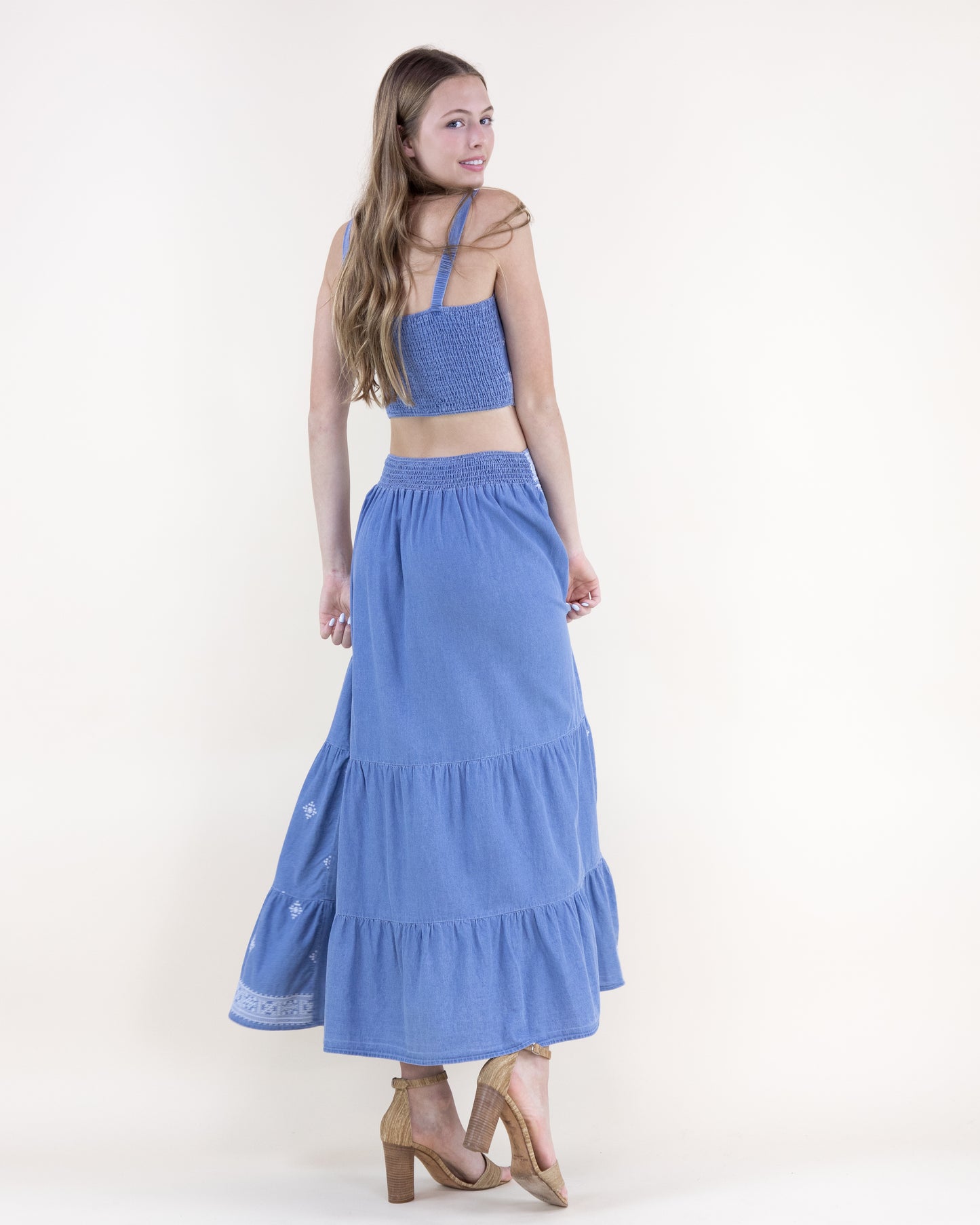 Chambray Diamond Embroidered Square Neck Crop Top