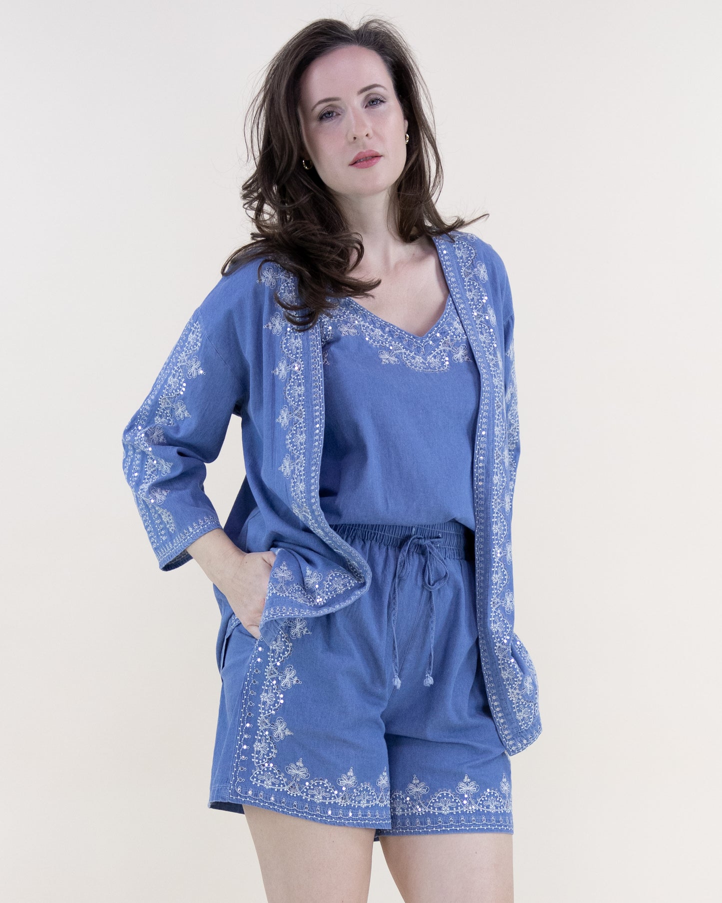Chambray & Lace Drawstring High Waisted Shorts