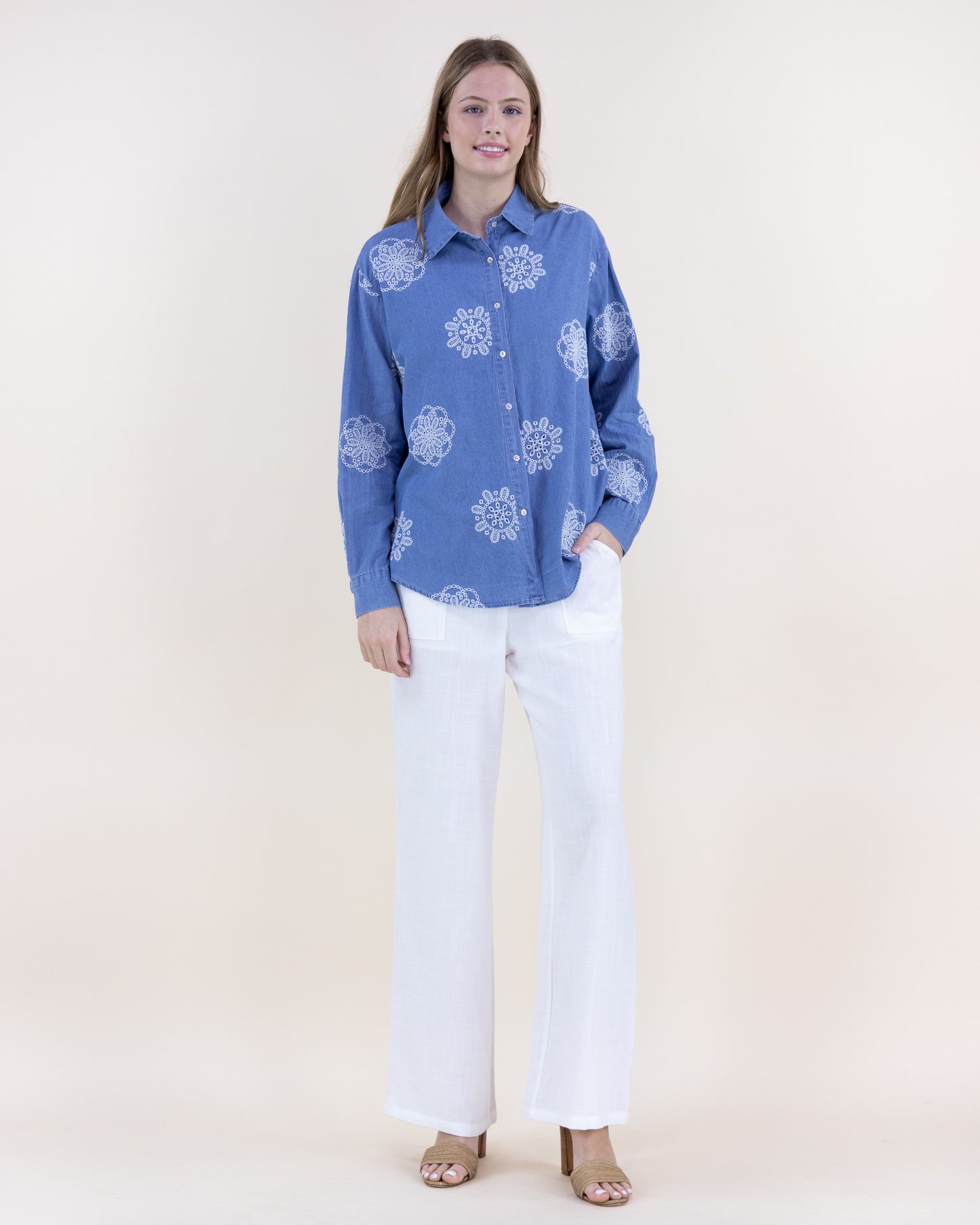 Chambray Floral Medallion Button Up Shirt