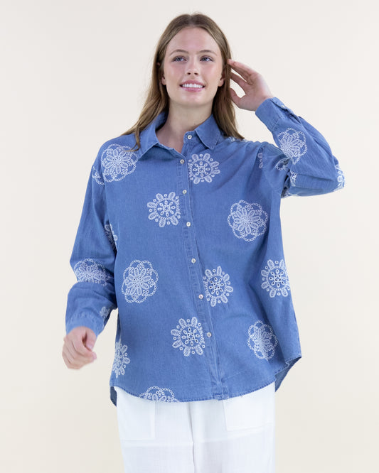 Chambray Floral Medallion Button Up Shirt