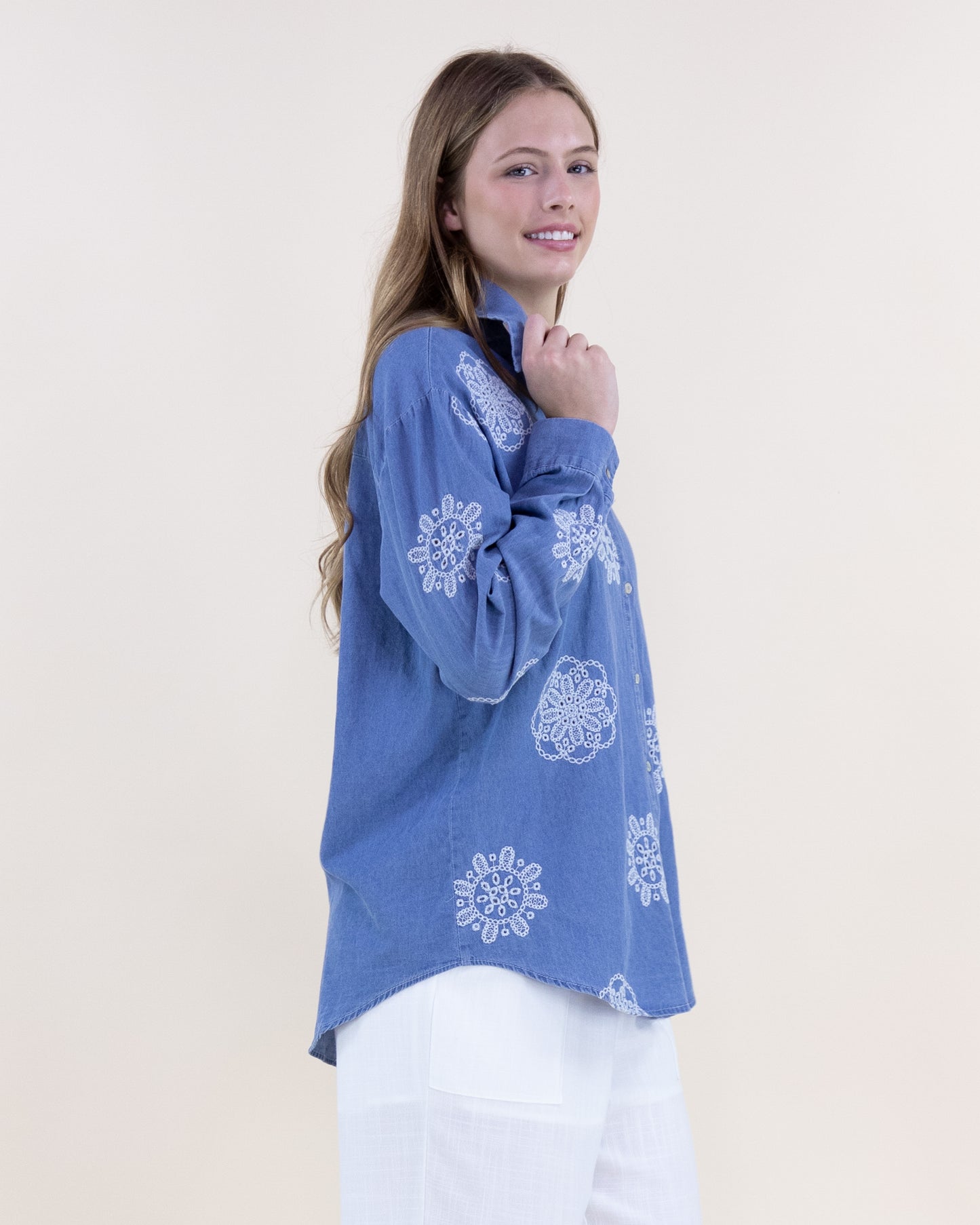 Chambray Floral Medallion Button Up Shirt